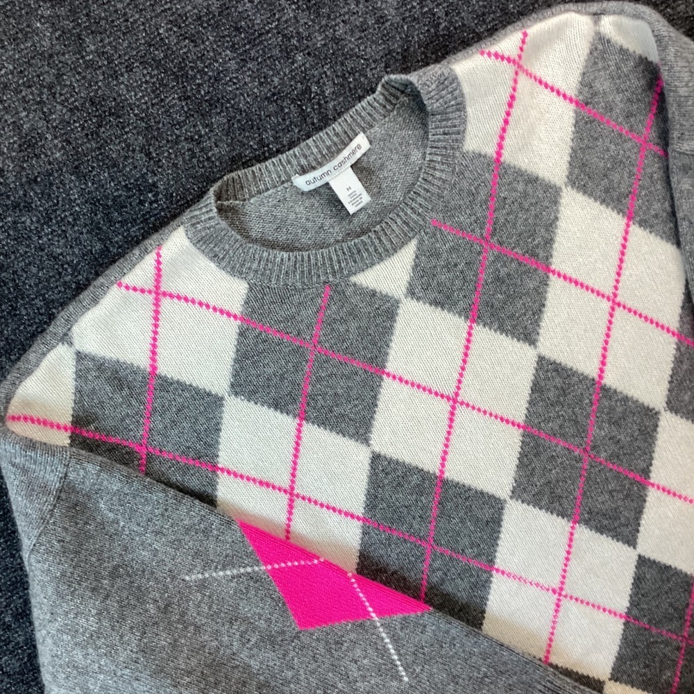 Autumn Cashmere Women Grey Pink Argyle 100% Cashmere Crew Neck Sweater M 216